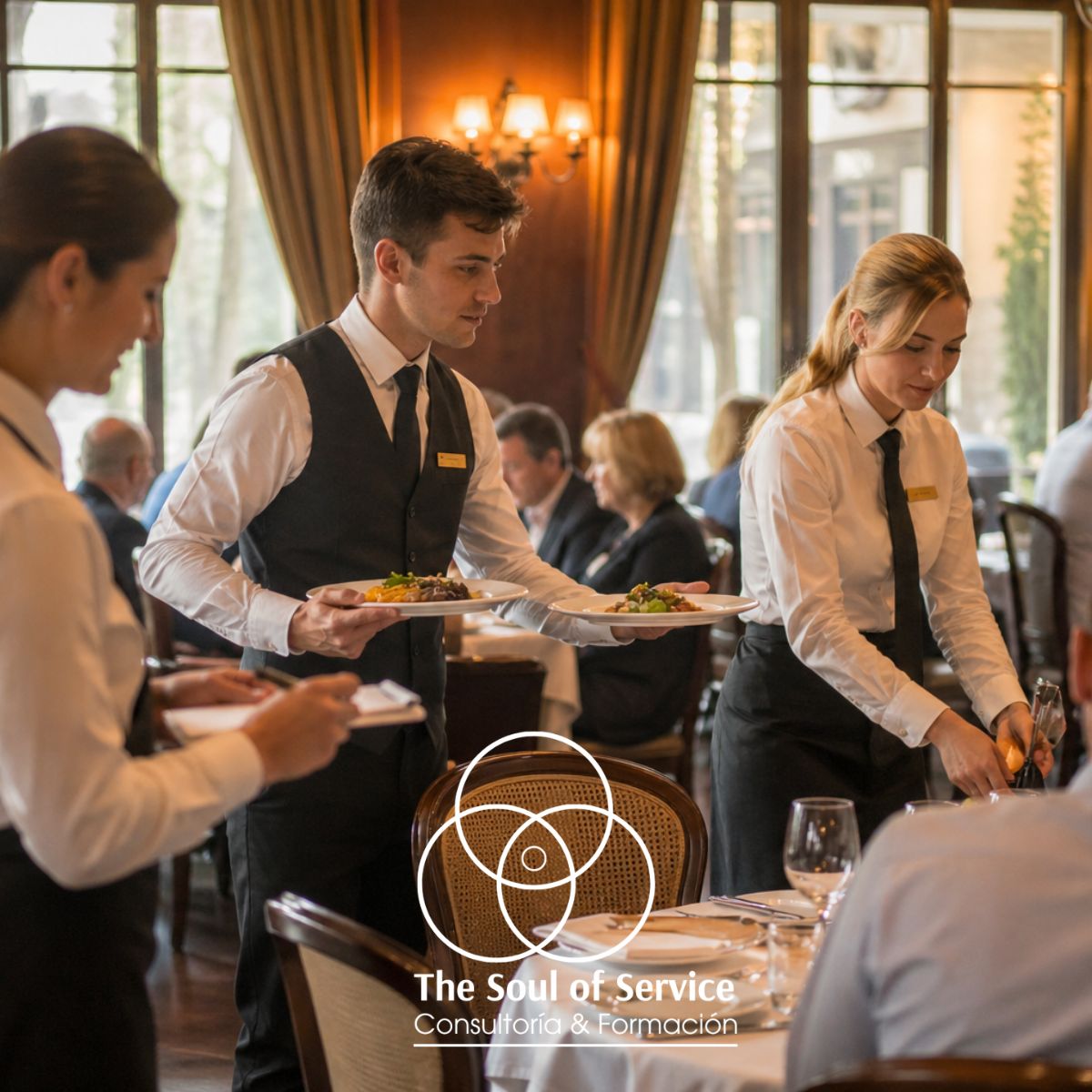 Estandarizar servicio sin perder esencia Equipo de restauración hotelera coordinando el servicio en sala durante una operación de atención al cliente.
