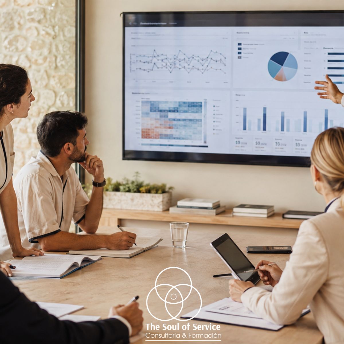 Equipo hotelero analizando conjuntamente indicadores de personas, procesos y experiencia de cliente en una operación hotelera.