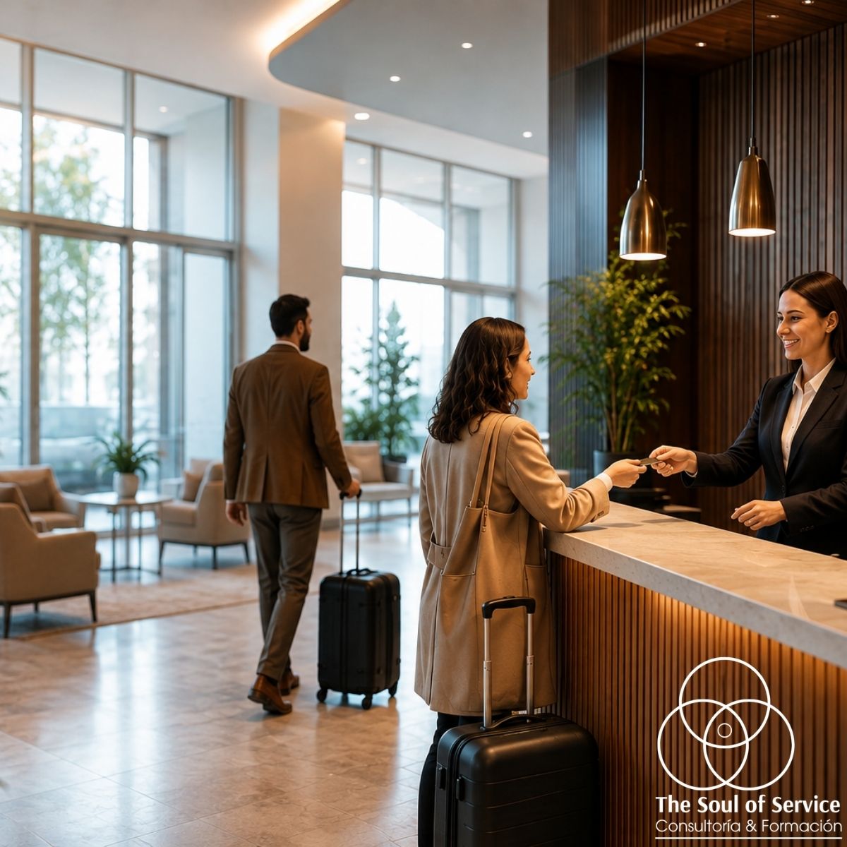 Recepcionista de hotel atendiendo a una huésped en recepción durante una situación de Service Recovery.