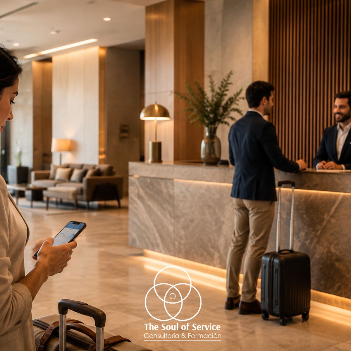 Huésped utilizando el móvil en el lobby de un hotel mientras otro cliente recibe atención en recepción
