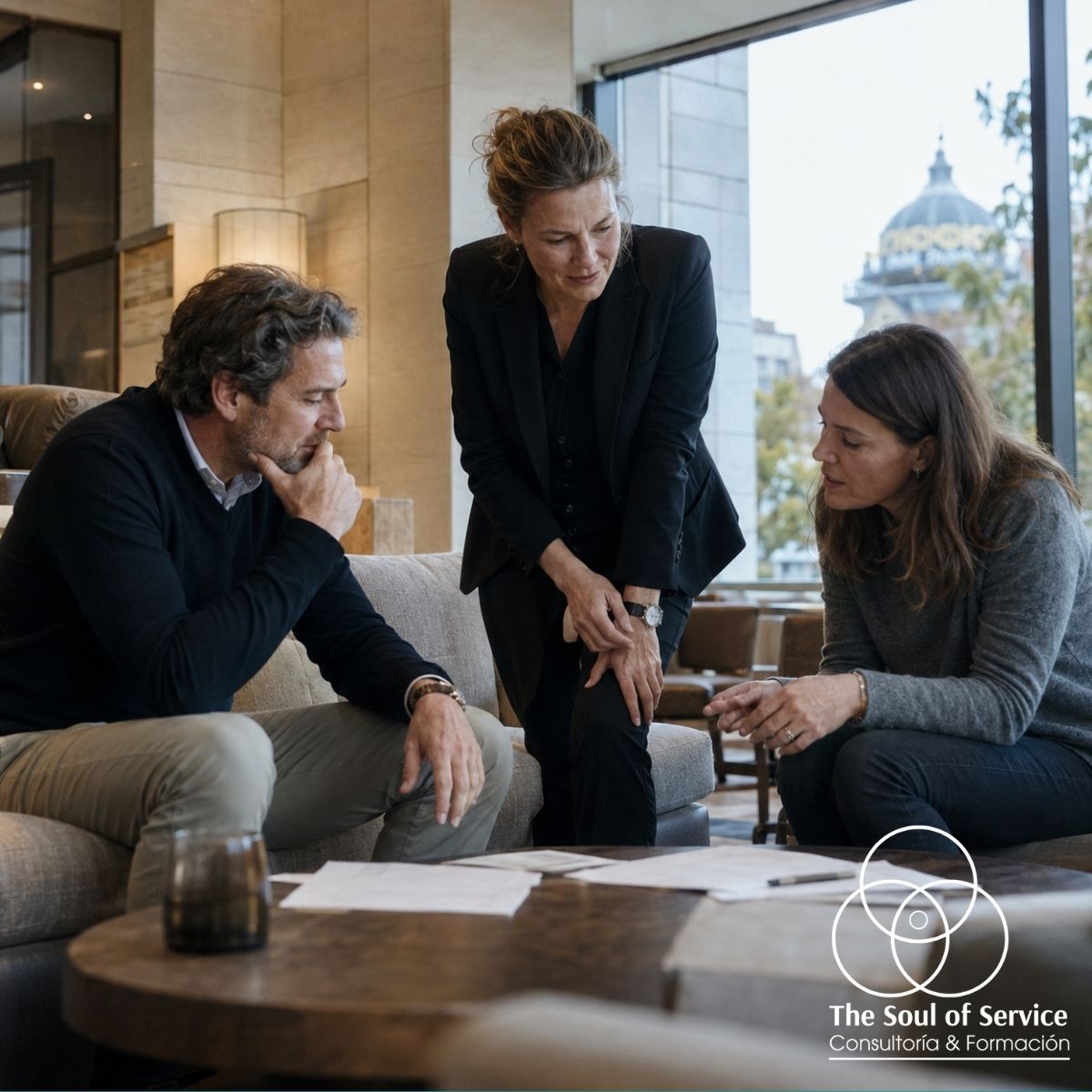 Equipo hotelero de dirección, operaciones y formación planificando mejoras en la experiencia de cliente.