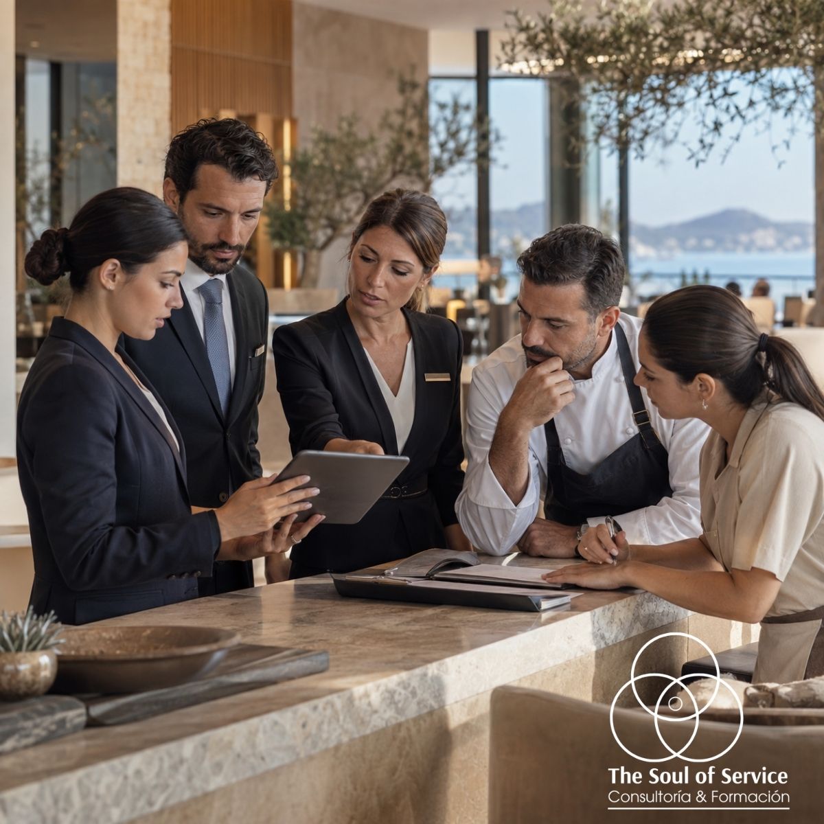 Equipo hotelero coordinándose para aplicar una verdadera cultura de servicio