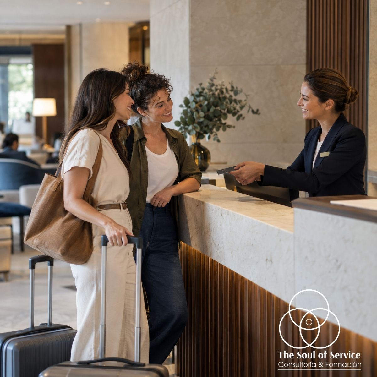 Inclusión LGTBI+ en hoteles: una profesional de recepción da la bienvenida a dos huéspedes.