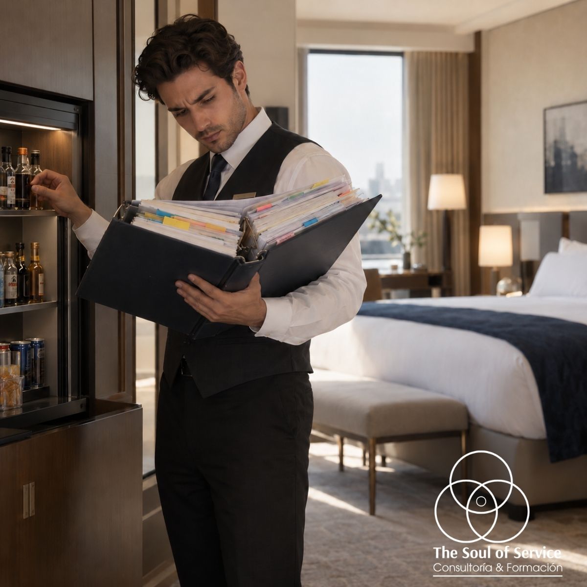 Procedimientos hoteleros: profesional consulta un manual complejo durante una tarea operativa en una habitación de hotel.
