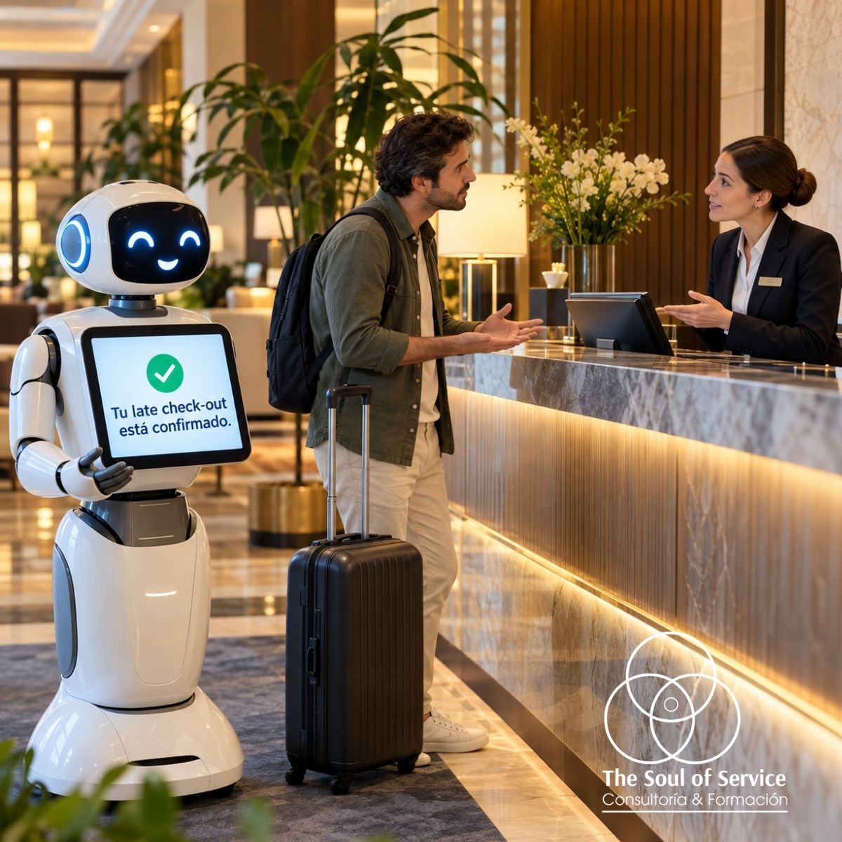 Inteligencia artificial en hoteles: un robot confirma un late check-out mientras un huésped consulta con Recepción sobre su solicitud.