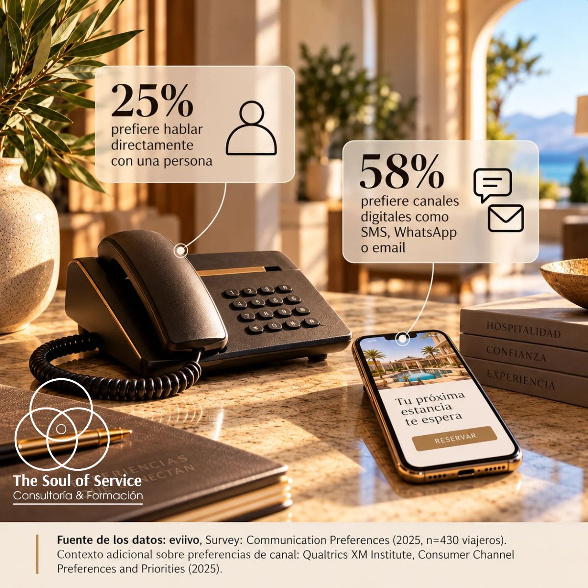 Atención telefónica hotelera y canales digitales: infografía que muestra un 25 % de preferencia por el contacto humano y un 58 % por canales digitales.