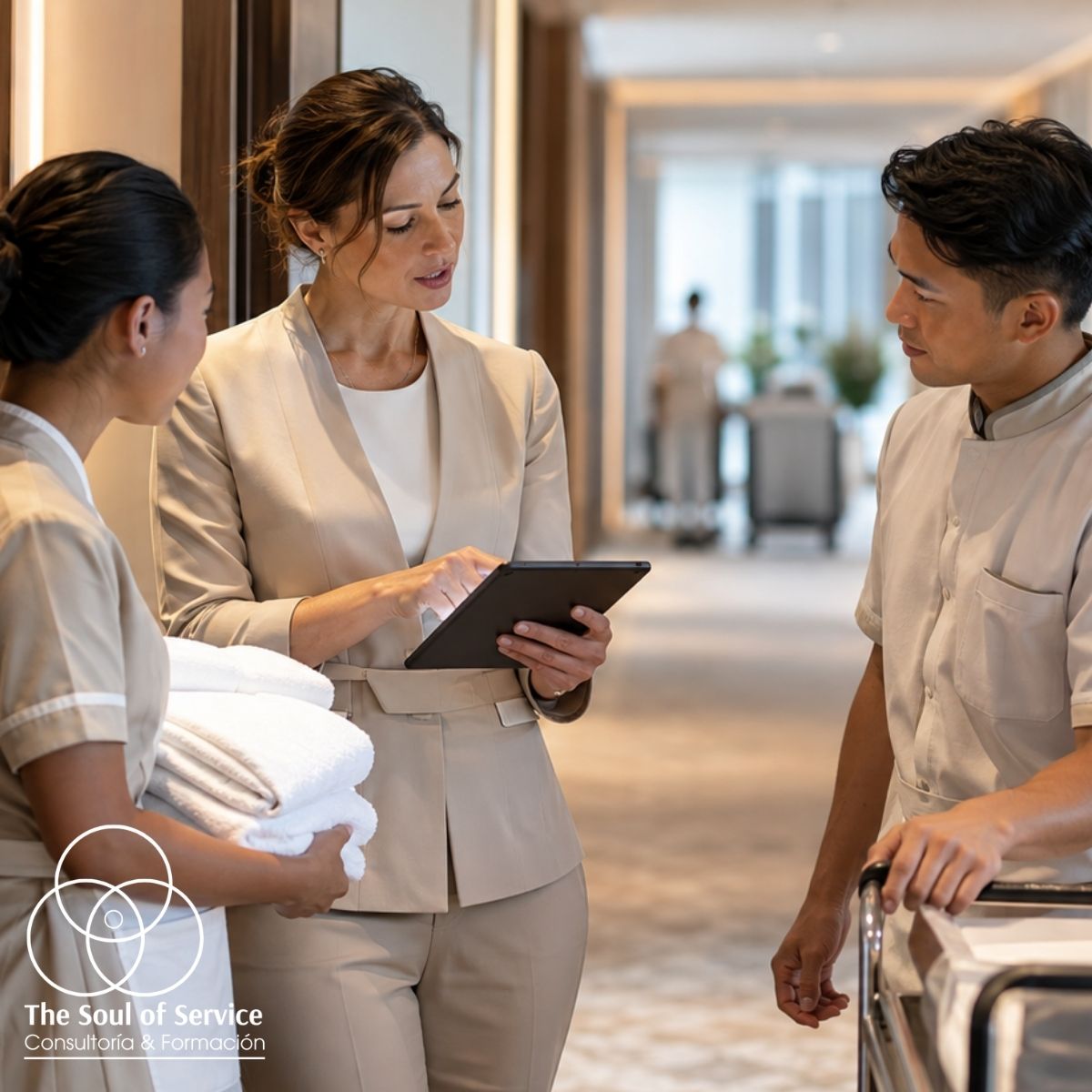 Supervisora hotelera revisa con dos profesionales de housekeeping la aplicación de un procedimiento aprendido durante una formacion hotelera en un pasillo de hotel contemporáneo.